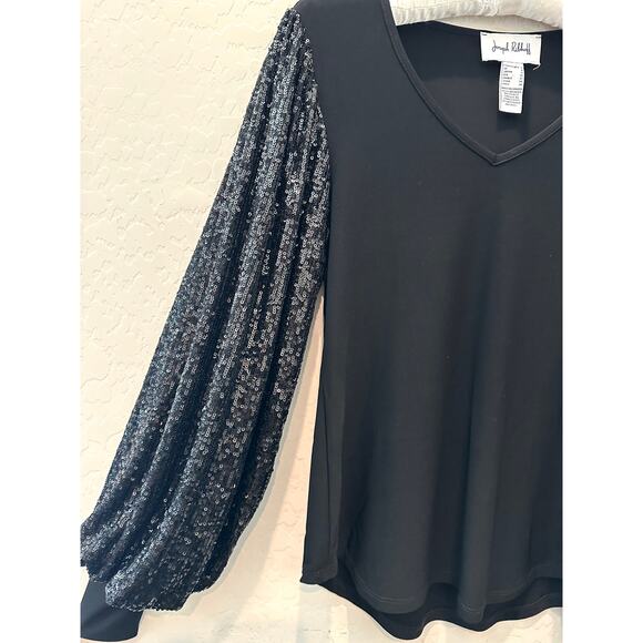 JOSEPH RIBKOFF | Black V-Neck Top with Sequin Balloon Sleeves | Size 2 - Picture 3 of 6